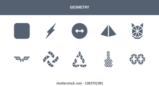 10 geometry vector icons such as polygonal synergy shapes, polygonal triangles guitar, polygonal triangular recycle, windmill, wings contains wolf head, prism, radius, ray, rectangle. geometry icons