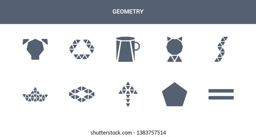 10 geometry vector icons such as parallel, pentagon, polygonal arrow up. polygonal ascendant, polygonal boat of small triangles contains buildings of small triangles, cat, coffee cup, diamond shape.