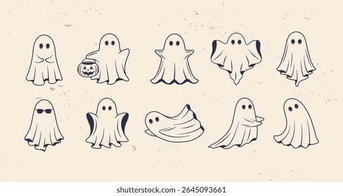 10 Ghost icons set. Funny Ghost icons. Cute ghost characters. Design elements for logo, badges, banners, labels, posters. Vector illustration