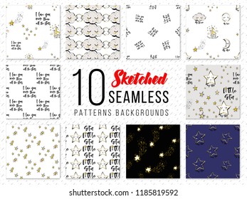 10 giraffe seamless patterns. Child style cute doodles illustration. Repeatable background with stars and animals for nursery, toddler goods and kids playground room. 
