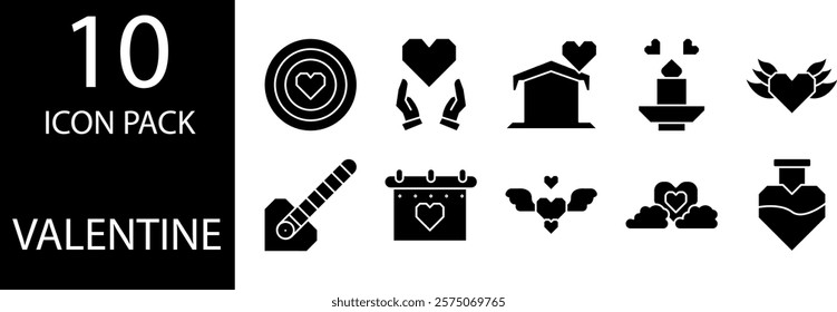 10 glyph icons with a Valentine theme depict sincere love present in the heart.