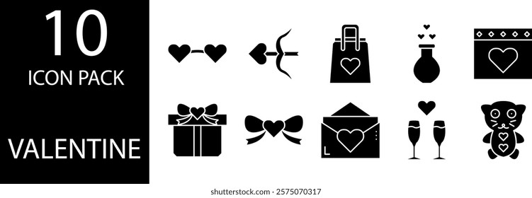 10 glyph icons with a Valentine theme depict pure love full of happiness.