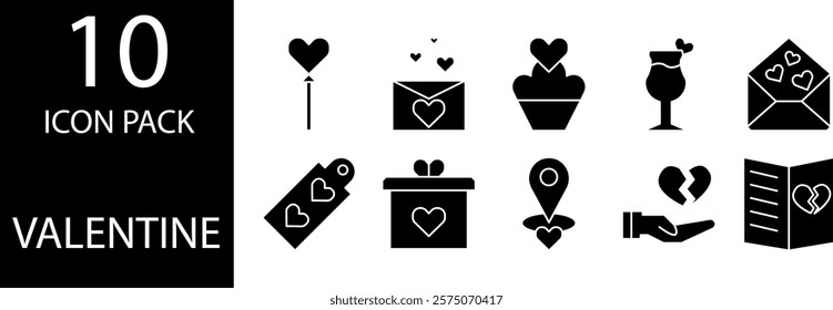 10 glyph icons with a Valentine theme depicting a red heart symbolizing true love.