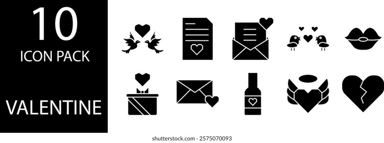 10 glyph icons with a Valentine's theme depict a heart beating fast because of love.