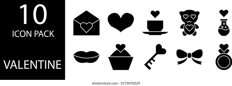 10 glyph icons with a Valentine's theme depict the love that unites two hearts.