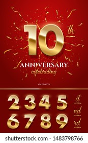 10 golden numbers and Anniversary Celebrating text with golden serpentine and confetti on red background. Vector tenth anniversary celebration event square template witn numbers set