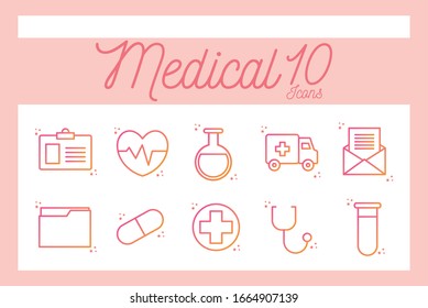 10 gradient style icon set design of Medical care health emergency aid exam clinic and patient theme Vector illustration