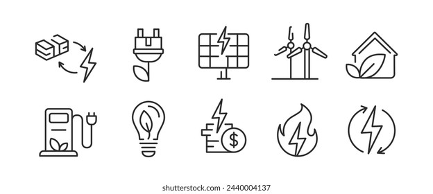 10 iconos de energía verde: central eléctrica, cargador de flores, paneles solares, turbinas eólicas, eco home, cargador de EV, bombilla de hoja, poder de dólar, señales de poder. Para la web, móvil, promoción. Energía renovable. Ilustración vectorial