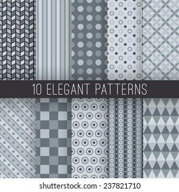 10 Grey elegant seamless patterns. Vector illustration for stylish design. Shades of grey color. Endless texture can be used for wallpaper, pattern fill, web page background.