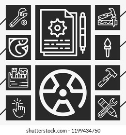 10 hand  outline style icons about torch, wrench, fish, carpenter, hammer, touch, radiation, instructions