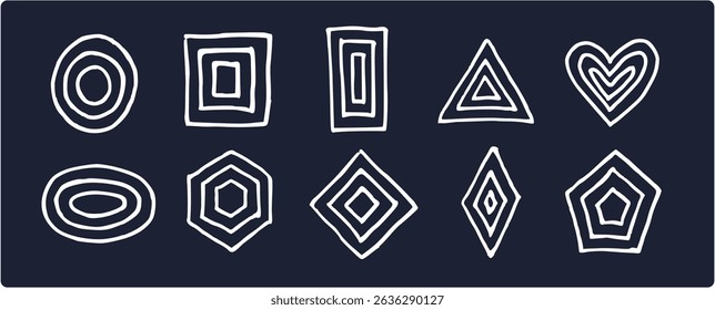 10 handdrawn aztec geometric shapes, white ink. Triple lined shapes.