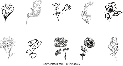 10 hand-drawn blossom wildflowers. Big collection of 10 hand-drawn roses. Big floral botanical set. Isolated on white background. Doodle simple vector collection.