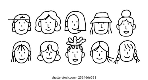 10 Artes vectoriales de avatar femeninos dibujados a mano en estilo doodle