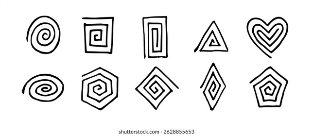 10 Handmade Geometric Spiral Icon Pack. Made by pen and ink. Vector Design like a Labyrinth