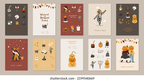 10 Happy Halloween greeting cards, invitations, posters template collection. Big set of premade designs for Autumn holiday event, Haloween party. Scary, fun, cute vector elements in flat cartoon style