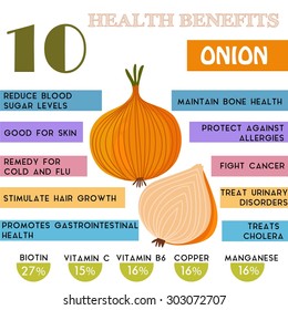 10 Health benefits information of Onion. Nutrients infographic,  vector illustration. - stock vector