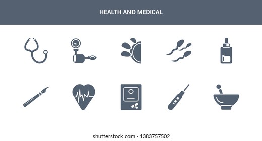 10 health and medical vector icons such as medical file, medical history, mask, report, result contains shield, strip, substance, walker, medicines. health and icons
