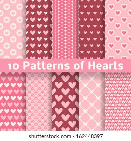 10 Heart shape vector seamless patterns (tiling). Pink color. Endless texture can be used for printing onto fabric and paper or scrap booking. Valentines day background for invitation.