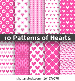 10 Heart shape vector seamless patterns (tiling). Pink color. Endless texture can be used for printing onto fabric and paper or scrap booking. Valentines day background for invitation.