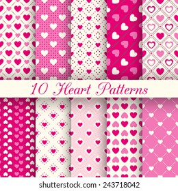 10 Heart shape vector seamless patterns. Romantic pink and white colors. Cover for Valentines day background design. Heart, dot and line shapes. Cute pretty feminine wallpaper.