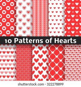 10 Heart shape vector seamless patterns (tiling). Red color. Endless texture can be used for printing onto fabric and paper or scrap booking. Valentines day background for invitation.