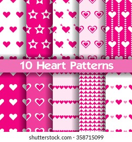 10 Heart vector seamless patterns. Pink and white colors. For Valentines day background