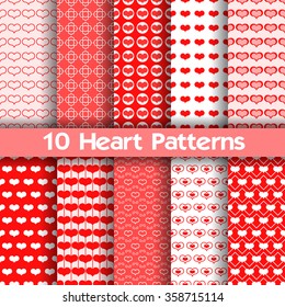 10 Heart vector seamless patterns. Red and white colors. For Valentines day background