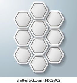 10 hexagons on the grey background. Eps 10 vector file.