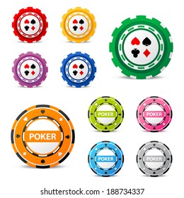 10 highly detailed gambling chips over white background