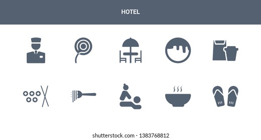 10 hotel vector icons such as slippers, soup, spa, spaghetti, sushi contains take away, takoyaki, terrace, toilet paper, valet. hotel icons