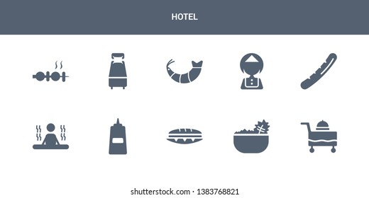 10 hotel vector icons such as room service, salad, sandwich, sauces, sauna contains sausage, servant, shrimp, single bed, skewer. hotel icons