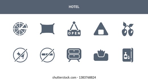 10 hotel vector icons such as minibar, napkins, nightstand, no pets, no smoking contains olives, onigiri, open, pillow, pizza. hotel icons