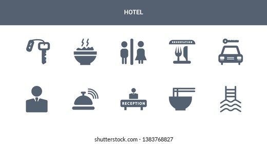 10 hotel vector icons such as pool, ramen, reception, reception bell, receptionist contains rent a car, reservation, restroom, rice, room key. hotel icons