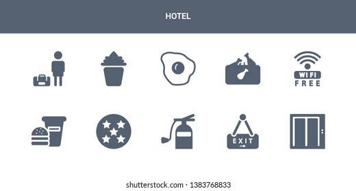 10 hotel vector icons such as elevator, exit, extinguisher, five stars, food contains free wifi, fried chicken, fried egg, frozen yogurt, guest. hotel icons