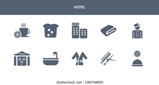 10 hotel vector icons such as 24 service, barbershop, bathrobe, bathtub, beach hotel contains bellboy, blanket, booking, bread, breakfast. hotel icons