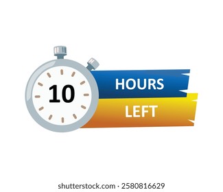 10 hours left countdown badge with vector number and timer stopwatch illustration. Time remaining special offer promotion. Vector illustration. 