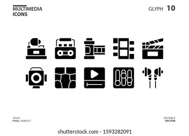 10 Icon collection of Multimedia in glyph style. vector illustration and editable stroke. Isolated on white background.