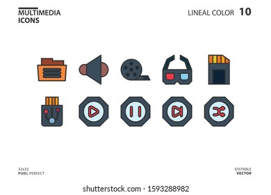 10 Icon collection of Multimedia in lineal color style. vector illustration and editable stroke. Isolated on white background.