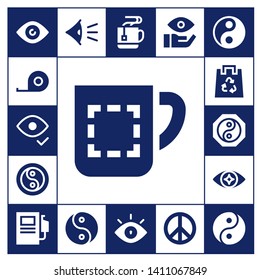 10 icon set. 17 filled 10 icons.  Collection Of - Eye, Tape measure, Mug, Yin yang, Eco bag, Fuel station, Peace sign