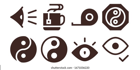 10 icon set. 8 filled 10 icons. Included Yin yang, Eye, Mug, Tape measure icons