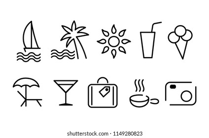 10 icons on the theme of tourism and recreation, pictograms. Vector graphics.