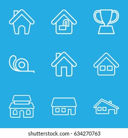 10 icons set. set of 9 10 outline icons such as tape, home, house building, home lock