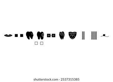 10 icons set of teeth, dental examination, dental and oral health
