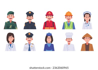 10 illustrations of job profession profile icons, doctor profile, police, soldier, nurse, cheff.