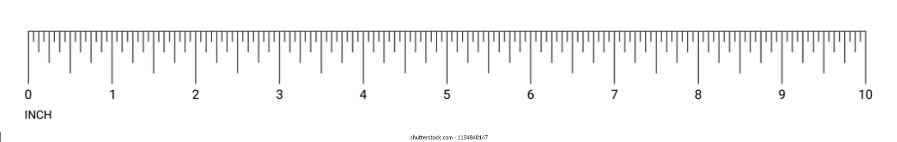 10 Inches Ruler Measurement Tool With Numbers Scale. Vector 10 In Actual Size Inch Chart With Detailed Grid System