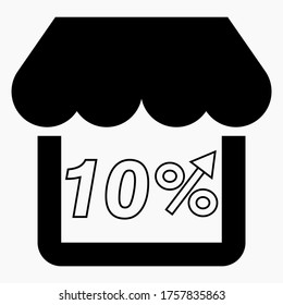 Aumento del 10% en las ventas de tiendas. Edificio de la tienda y aumento de porcentaje en un fondo blanco. Crecimiento de las ventas en el supermercado. Icono de vector