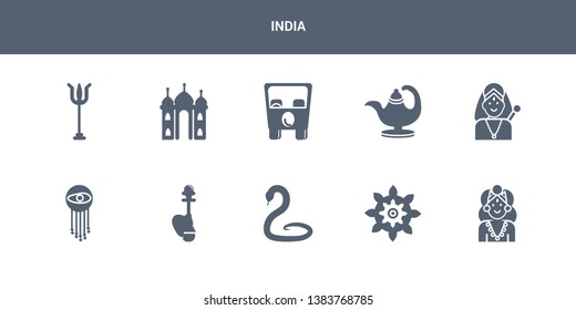 10 india vector icons such as alamelu, chakra, cobra, hookah, indian contains indra, oil lamp, rickshaw, taj mahal, trident. india icons