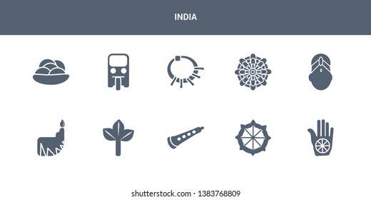 10 india vector icons such as karma, dharma, shehnai, bael tree, dipa contains bindi, mandala, devi, tuk tuk, kanji vadas. india icons