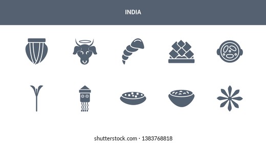 10 india vector icons such as anise, curry, tikka masala, kandeel, trisul contains malai kofta, lotus temple, conch shell, sac cow, tablas. india icons