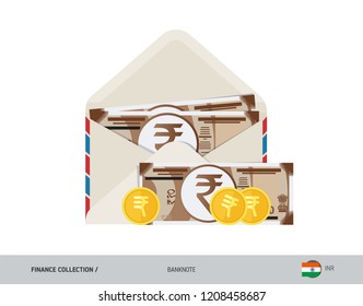 10 Indian Rupee Banknote. Flat style opened envelope with cash. Indian Rupee banknotes and coins. Salary payout or corruption concept.